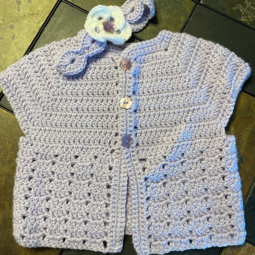 Handmade Lavender Crochet Sweater vest, matching headband